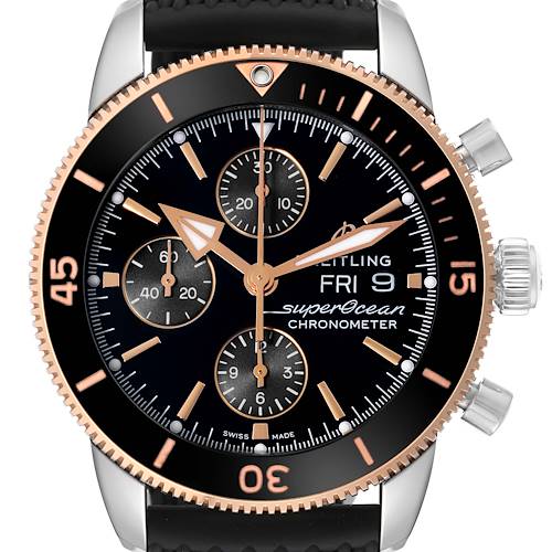 The image shows a front view of the Breitling Superocean watch, highlighting its bezel, dial, subdials, and crown.