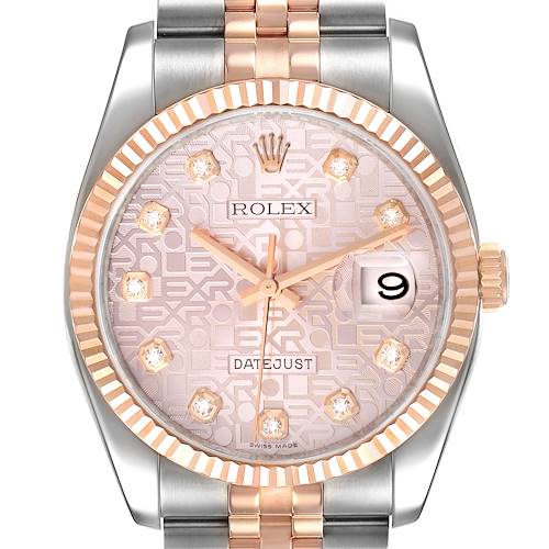 This image shows a close-up of the Rolex Datejust watch, highlighting its dial, bezel, and part of the bracelet.