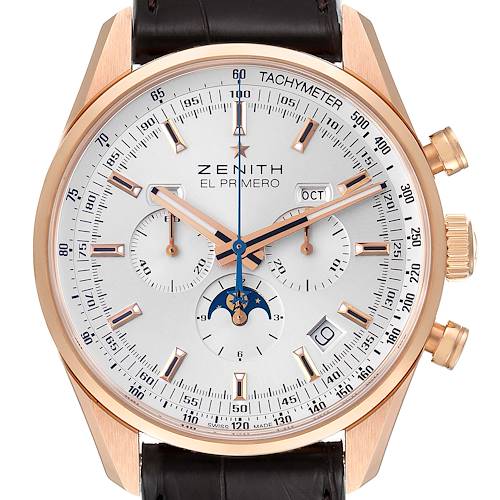 The image shows a front view of a Zenith El Primero watch, highlighting its dial, subdials, date, pushers, and crown.