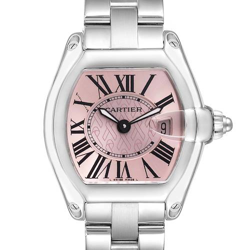 This image shows a front view of a Cartier Roadster watch, highlighting its dial, Roman numerals, and stainless steel bracelet.