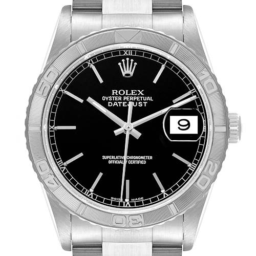 The image shows a front view of a Rolex Turn-O-Graph watch, highlighting its dial, bezel, crown, and part of the bracelet.