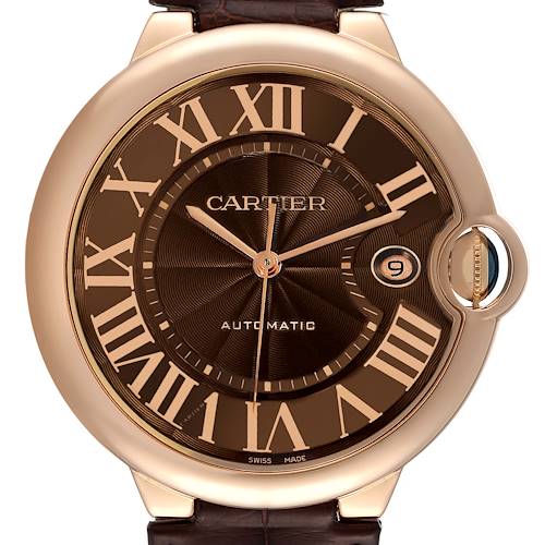 The image shows a close-up, front view of the Cartier Ballon Bleu watch, highlighting its brown dial and Roman numerals.