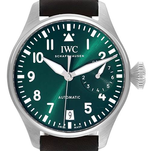 The image shows a front view of an IWC Pilot watch model, displaying the dial, hands, date, and crown.