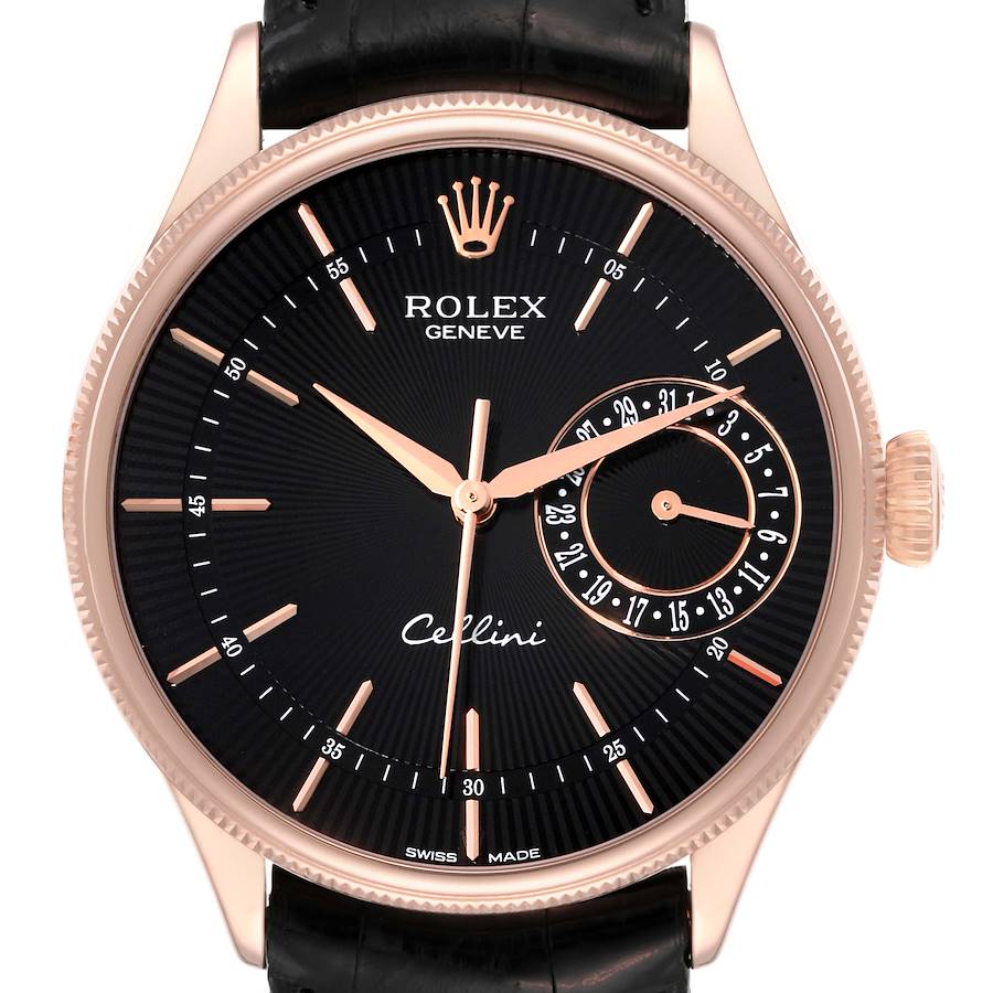 This image shows a front view of a Rolex Cellini watch, highlighting its face, dial, hour markers, hands, and crown.