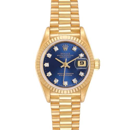 This image shows a frontal view of a Rolex President model watch featuring a gold band and blue dial with diamond hour markers.