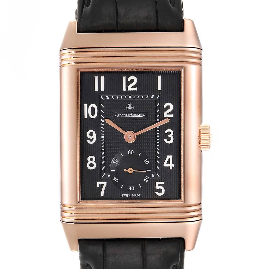 The image shows a front view of a Jaeger LeCoultre Reverso watch, highlighting its dial, hands, and case in rose gold.