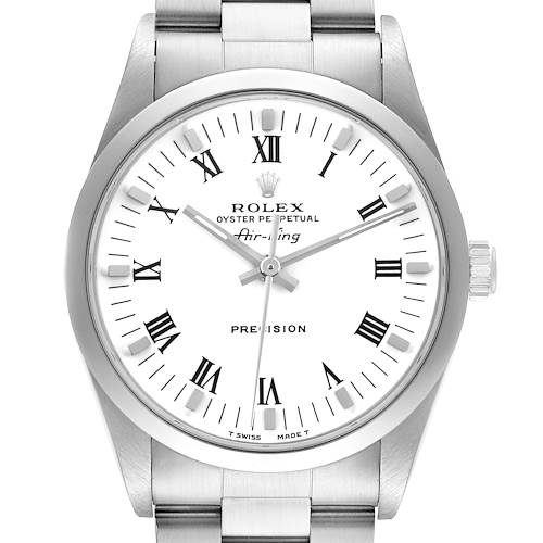 The Rolex Air-King watch is shown from a front angle, highlighting the face, bezel, crown, and bracelet.