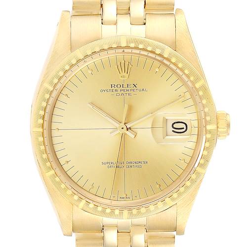 This Rolex Vintage Collection watch is shown from a frontal angle, highlighting its dial, hands, bezel, and part of the bracelet.