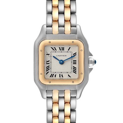 The image shows a front view of the Cartier Panthere watch, highlighting its face, bezel, and two-tone bracelet.
