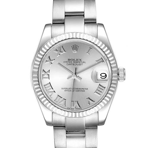 This image shows a front view of the Rolex Oyster Perpetual Datejust Mid-Size watch, displaying its dial, bezel, and bracelet.