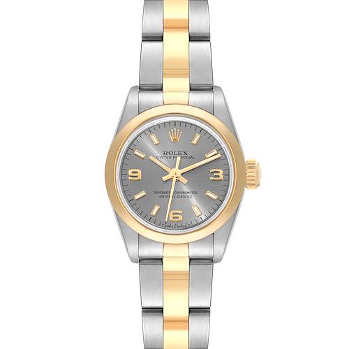This Rolex Oyster Perpetual watch is shown from a front angle, displaying the face, bezel, and bracelet.