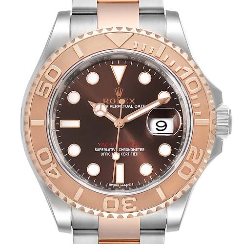 This image shows a front view of the Rolex Yacht-Master watch, highlighting its bezel, dial, and bracelet.
