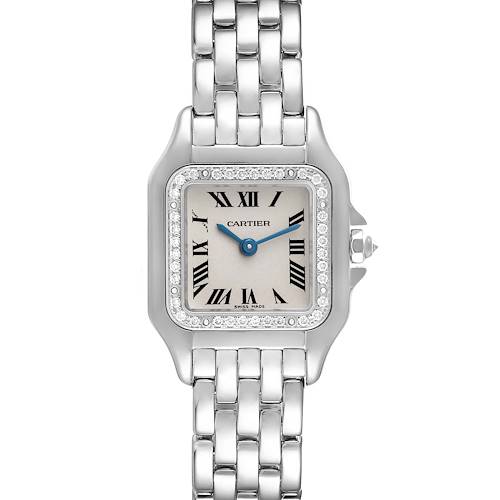 This image shows a front view of a Cartier Panthere watch, highlighting its face, bezel, and bracelet.