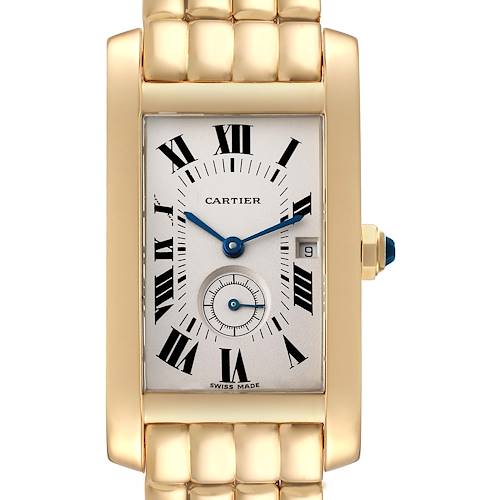 This image shows a frontal view of the Cartier Tank Americaine watch face and part of its gold bracelet.