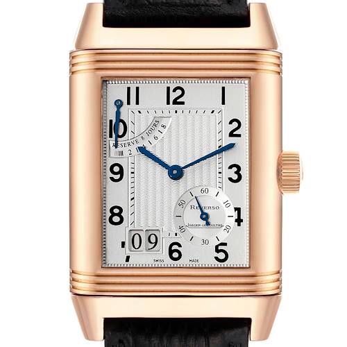 The image shows a frontal view of a Jaeger LeCoultre Reverso watch, featuring the face, dial, crown, subdial, and a portion of the strap.