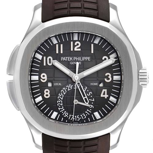 This image shows a front view of a Patek Philippe Aquanaut watch, highlighting its dial, hands, and partially visible strap.