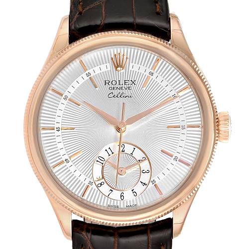 The image shows a front view of a Rolex Cellini watch, highlighting the face, crown, and strap attachment.
