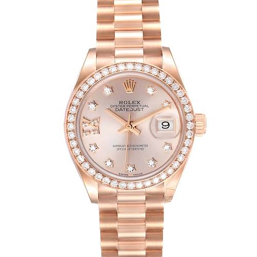 This Rolex President model watch is shown from the front, highlighting the face, dial, bezel, and bracelet.