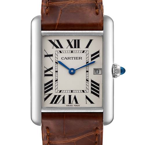The image shows a Cartier Tank Louis watch face and part of the brown leather strap.