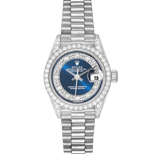 This image shows a front angle of the Rolex President model watch, highlighting the face, bezel, and band.