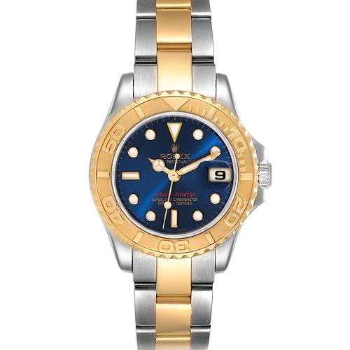 This image shows a front view of a Rolex Yacht-Master watch, displaying its face, bezel, and bracelet.