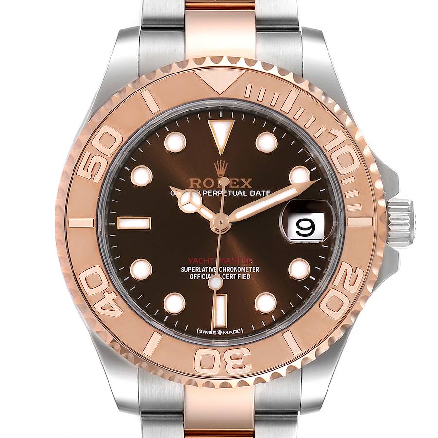 The image shows the face of the Rolex Yacht-Master watch with its bezel, dial, hands, and bracelet visible from a front angle.