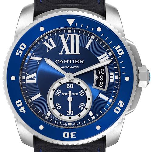 This image features a frontal view of the Calibre de Cartier watch by Cartier, showing the dial, bezel, and part of the strap.