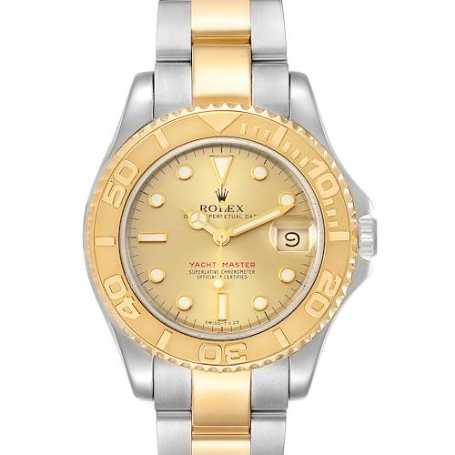 This image shows a front view of a Rolex Yacht-Master watch featuring a gold bezel and two-tone bracelet.