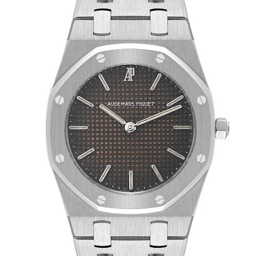 This image shows a front view of the Royal Oak model by Audemars Piguet, highlighting the dial, bezel, and part of the bracelet.