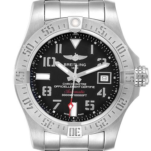 The Breitling Avenger watch is shown face-on, highlighting its dial, bezel, and part of the bracelet.