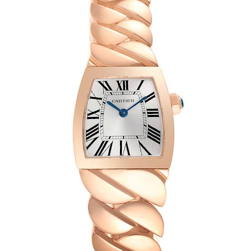 The image shows a front view of the Cartier La Dona watch, highlighting its distinctive dial and bracelet design.