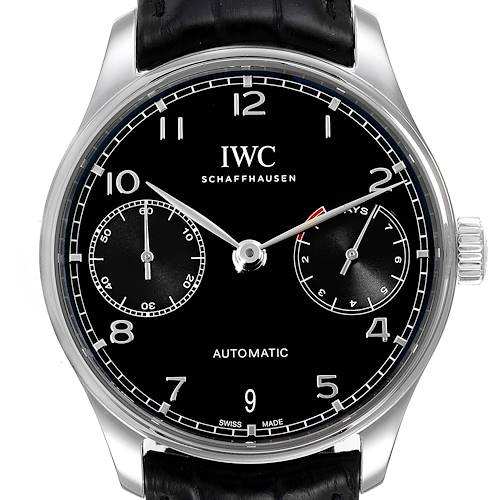 This image shows a front view of an IWC Portuguese model watch, displaying the dial, hands, subdials, and crown.