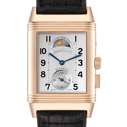 This image shows a frontal view of a Jaeger-LeCoultre Reverso watch, highlighting the dial, hour markers, hands, and crown.