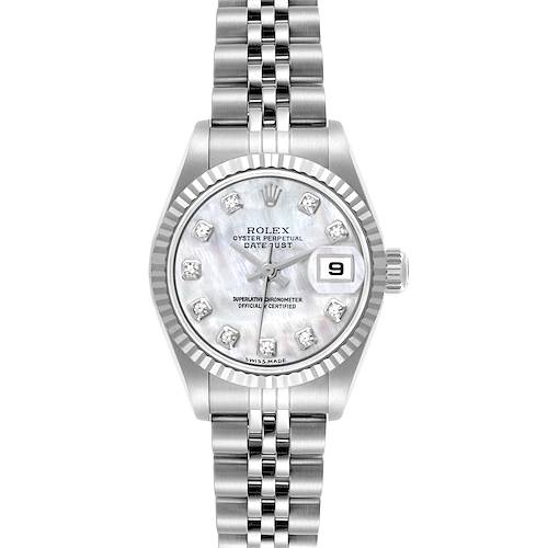 The Rolex Datejust watch is shown from a top angle, displaying its face, bezel, and bracelet.