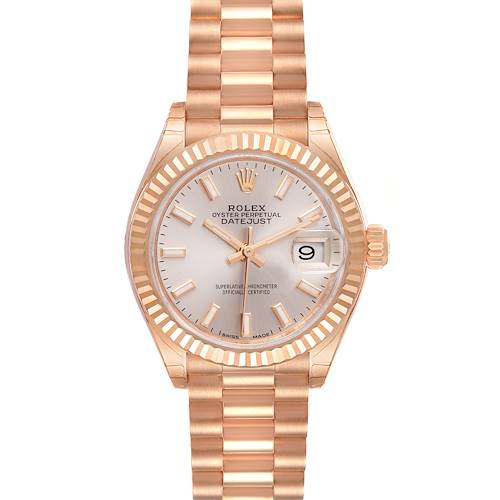 The image shows a frontal view of the Rolex President Datejust, highlighting the dial, hands, bezel, and bracelet.