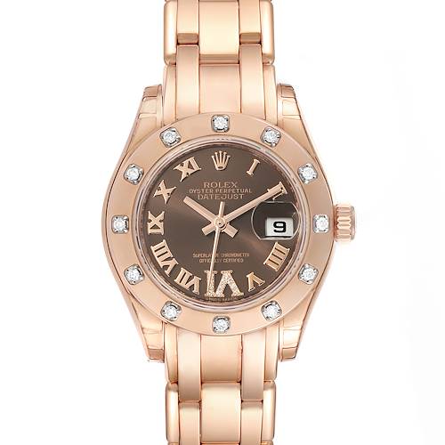 This is a front view of a Rolex Pearlmaster watch, displaying the dial, bezel, bracelet, and date window.
