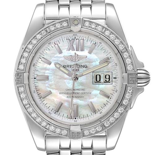 This image shows a front view of the Breitling Windrider watch, highlighting its face, bezel, and part of the metal bracelet.