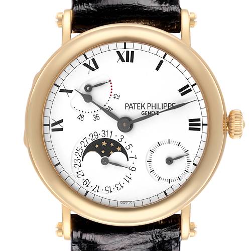 The Patek Philippe Complications watch is shown from the front, displaying its face with subdials and moon phase indicator.