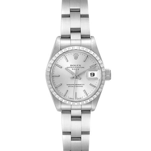The Rolex Date watch is shown from a front angle, displaying the dial, bezel, hands, crown, and part of the bracelet.