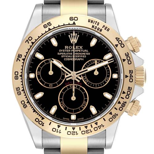 The Rolex Daytona watch is shown from the front, displaying its face, bezel, and chronograph subdials.