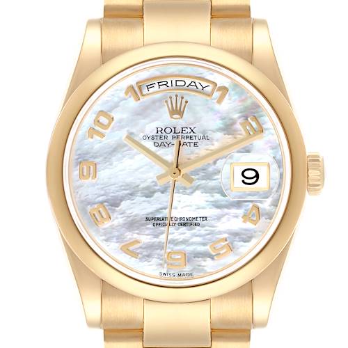 The Rolex President model is shown from a front angle, highlighting the dial, case, and bracelet.