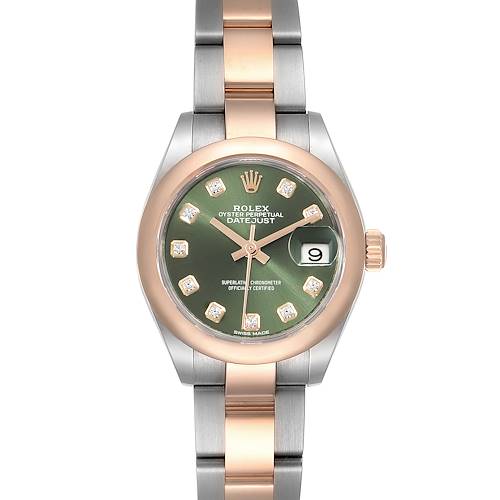 The Rolex Datejust watch is shown from a front angle, highlighting its dual-tone bracelet, green dial, and date window.