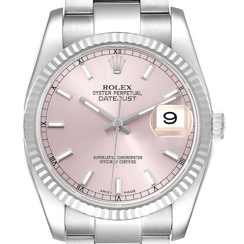 The image shows a frontal view of the Rolex Datejust watch, highlighting its dial, bezel, and bracelet detail.