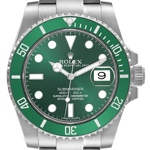 The image shows a front view of the Rolex Submariner, featuring its green dial, bezel, and bracelet.
