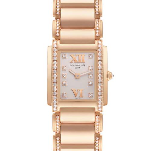 The image shows a frontal view of the Patek Philippe Twenty-4 watch, highlighting its dial, case, and bracelet.