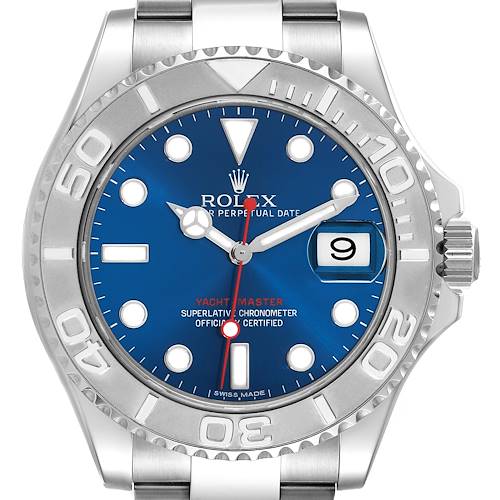 The Rolex Yacht-Master watch is shown from the front, displaying the bezel, dial, hands, and date window.
