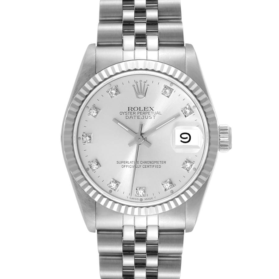 The image shows a front view of a Rolex Mid-Size Datejust watch featuring a silver dial, diamond hour markers, and a stainless steel bracelet.