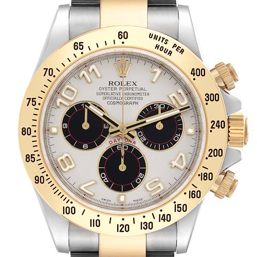 The angle shows the Rolex Daytona watch face and bezel, highlighting the dial and chronograph features.