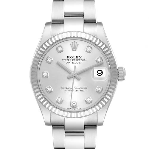 The Rolex Mid-Size Datejust is shown from a front angle, displaying the dial, bezel, and part of the bracelet.