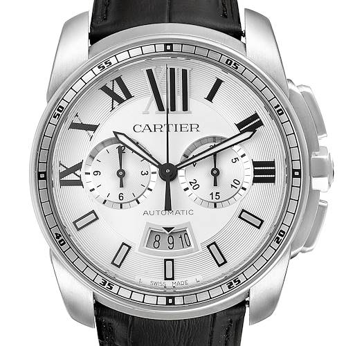 The image shows a Calibre de Cartier watch by Cartier, displaying the face, dials, and part of the leather strap from the front.